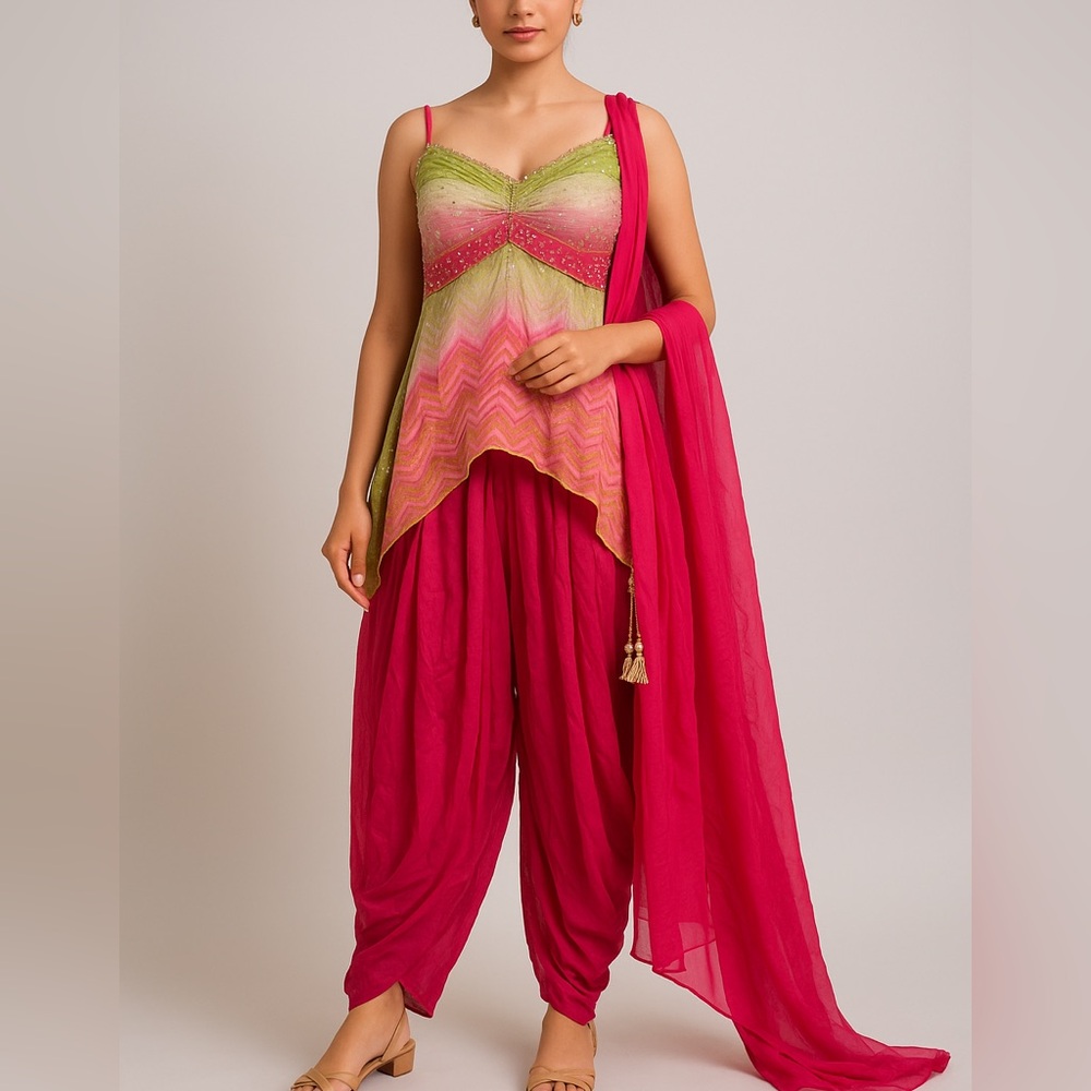 NEW Ombré Pink and Green Beaded Kurti with Dhoti Pants & Duppatta